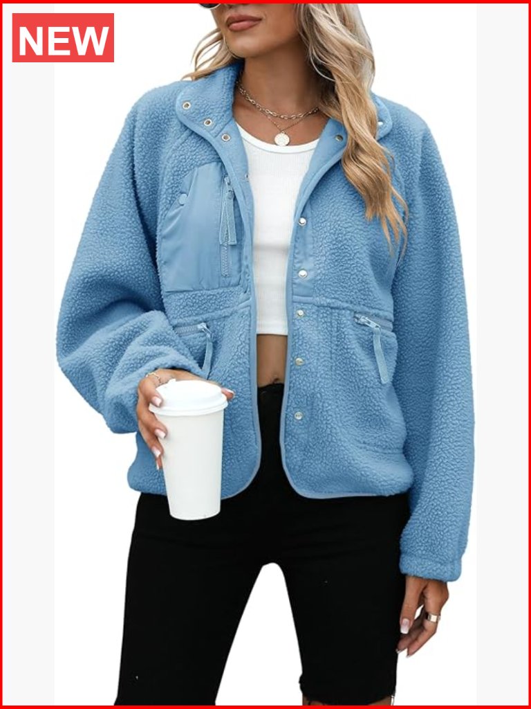 Womens Sherpa Fleece Button Down Jacket With Pockets